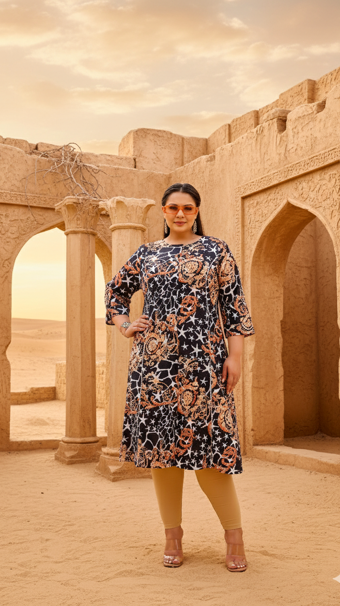 Label Flavia Black & Beige Abstract Print A-Line Kurta | Modern & Stylish Everyday Look