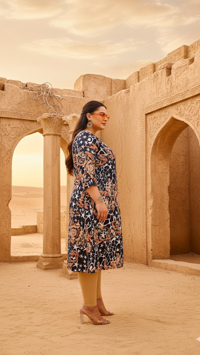 Label Flavia Black & Beige Abstract Print A-Line Kurta | Modern & Stylish Everyday Look