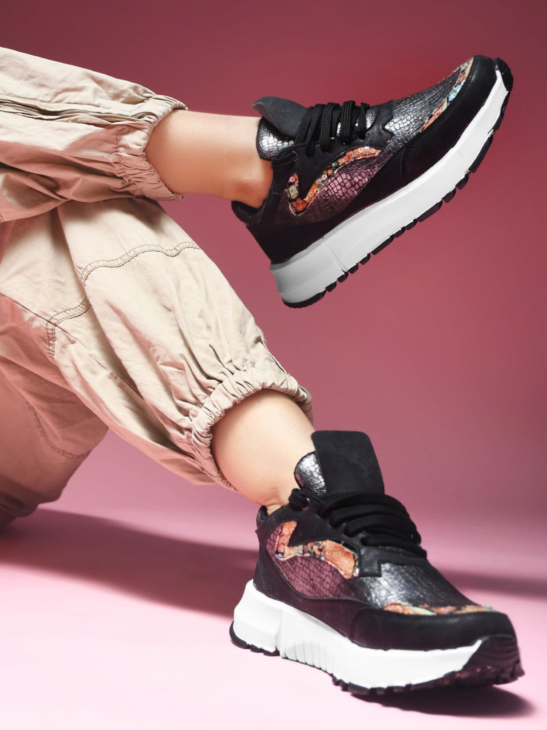 JM Looks Metallic Mesh Chunky Sneakers For Women