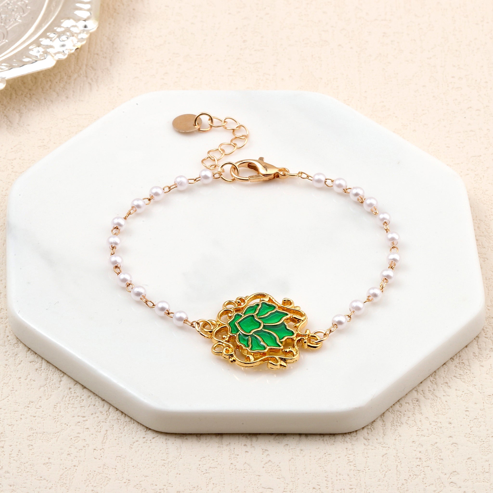 Salty Serenity Lotus Green Charm Gold Bracelet