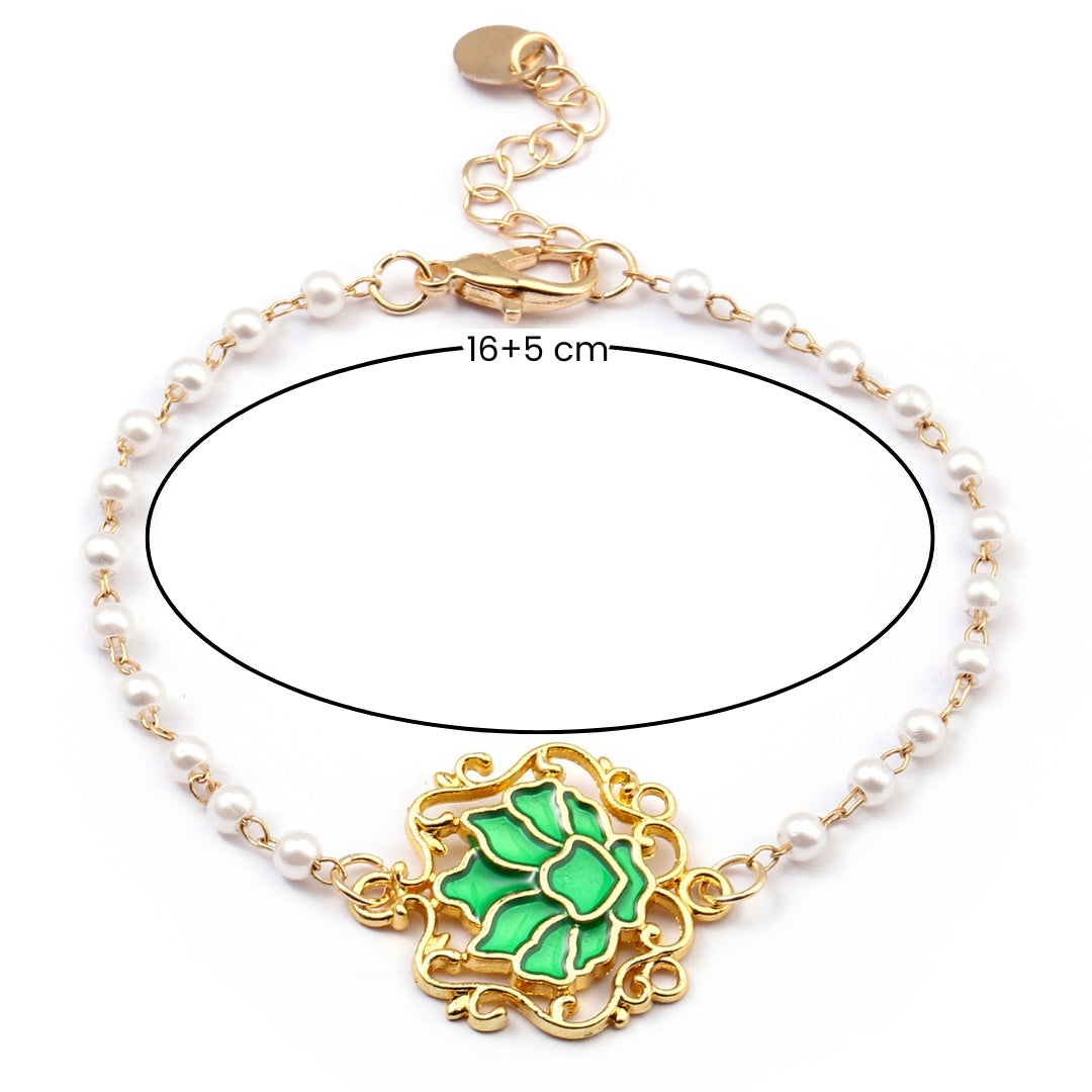 Salty Serenity Lotus Green Charm Gold Bracelet