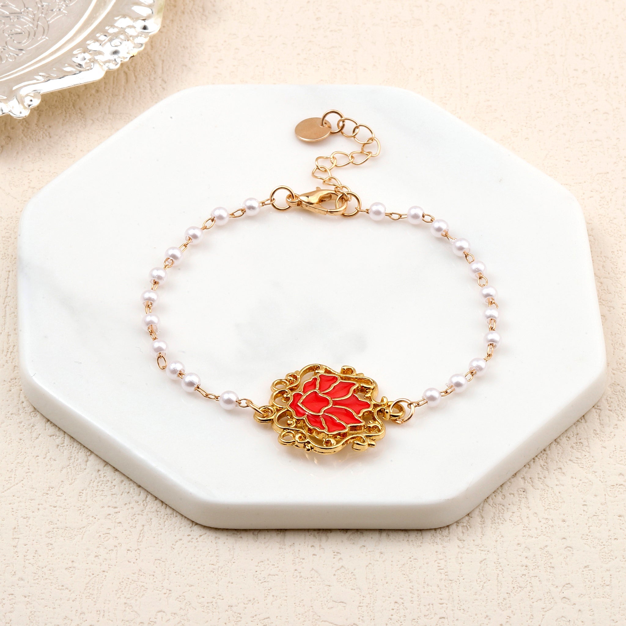 Salty Serenity Lotus Red Charm Gold Bracelet