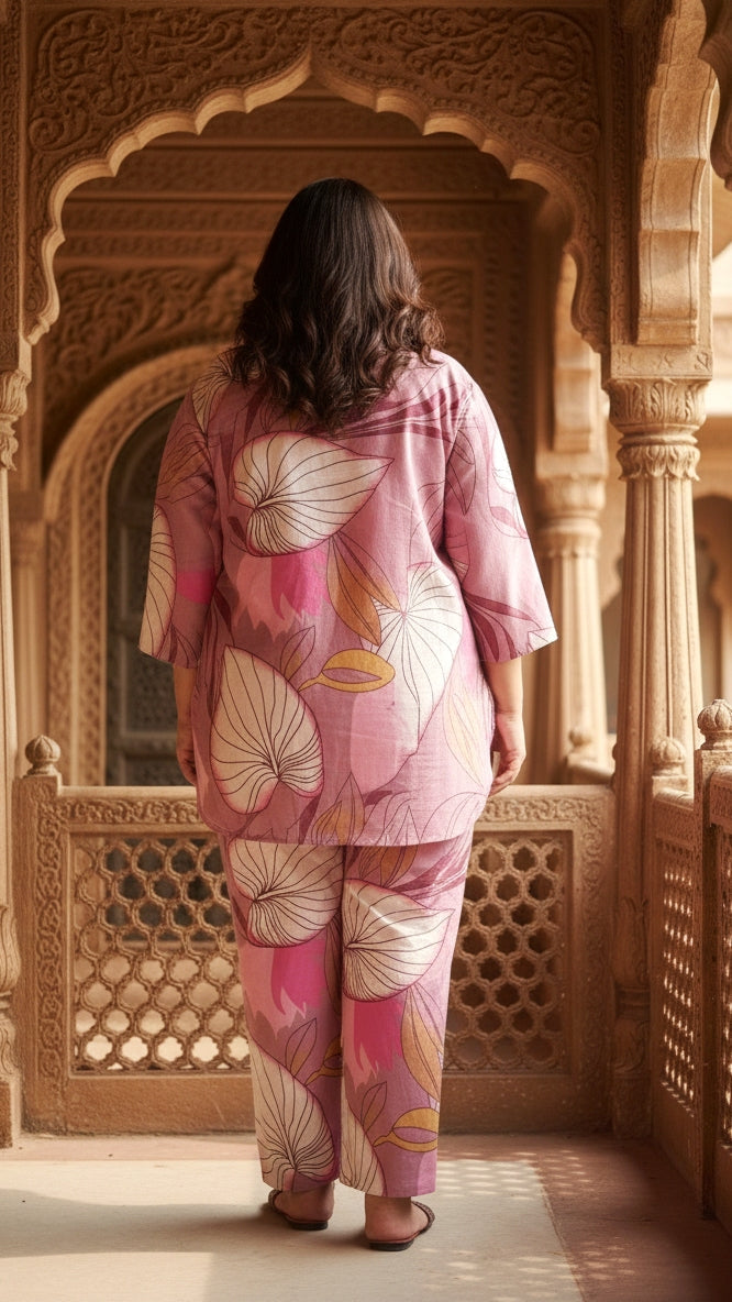 Label Flavia Plus Size Pink Printed Cotton Co-ord Set – Comfortable Everyday Wear for Women