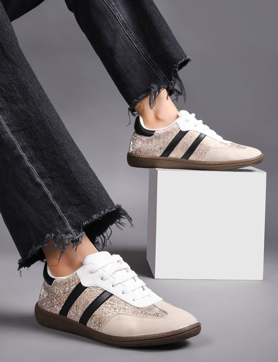 JM Looks Casual Lace-Up Sneakers with Contrasting Stripes