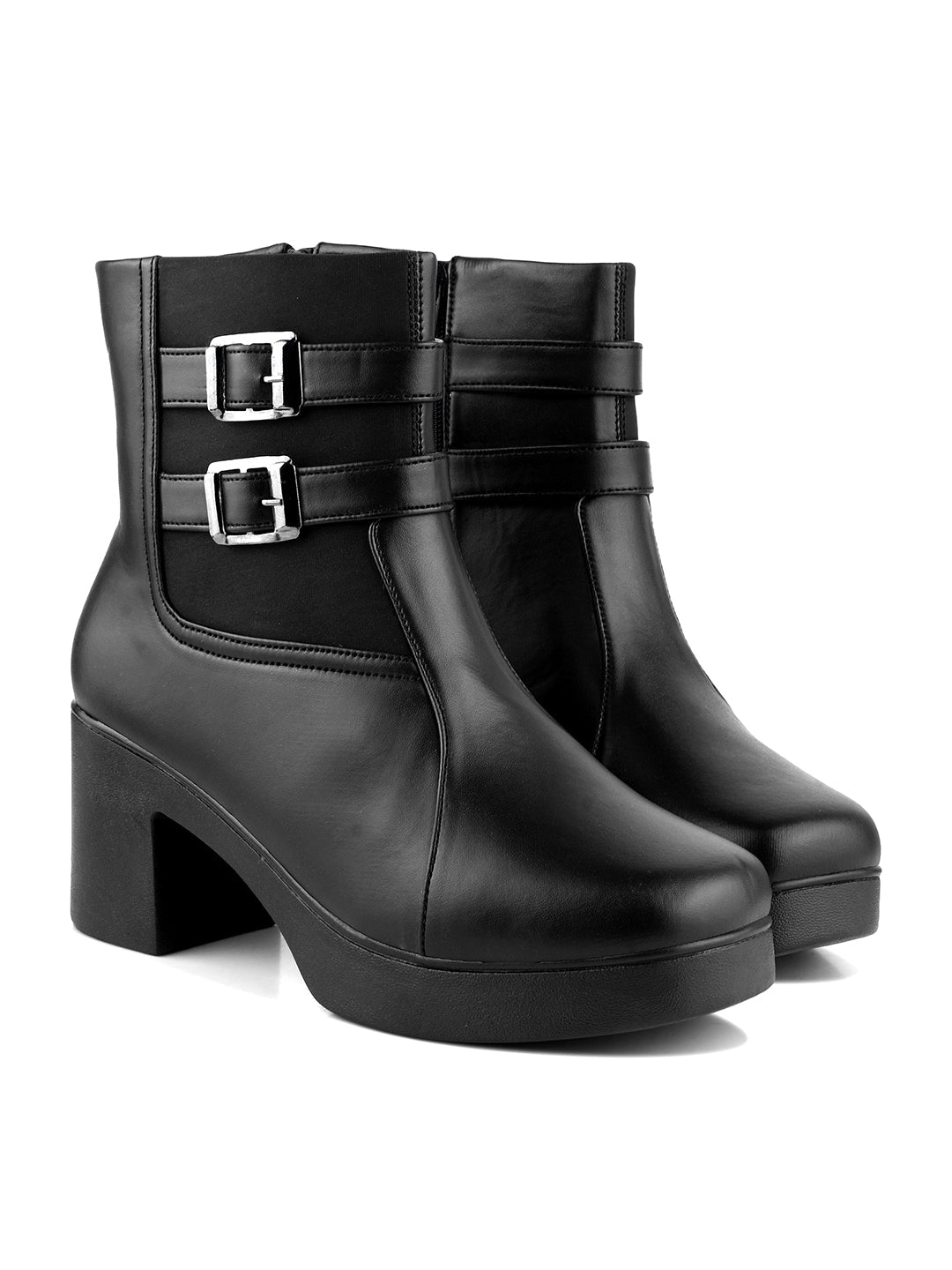 JM Looks Block Heel Ankle Boots for Women with Double Buckle Strap Platform
