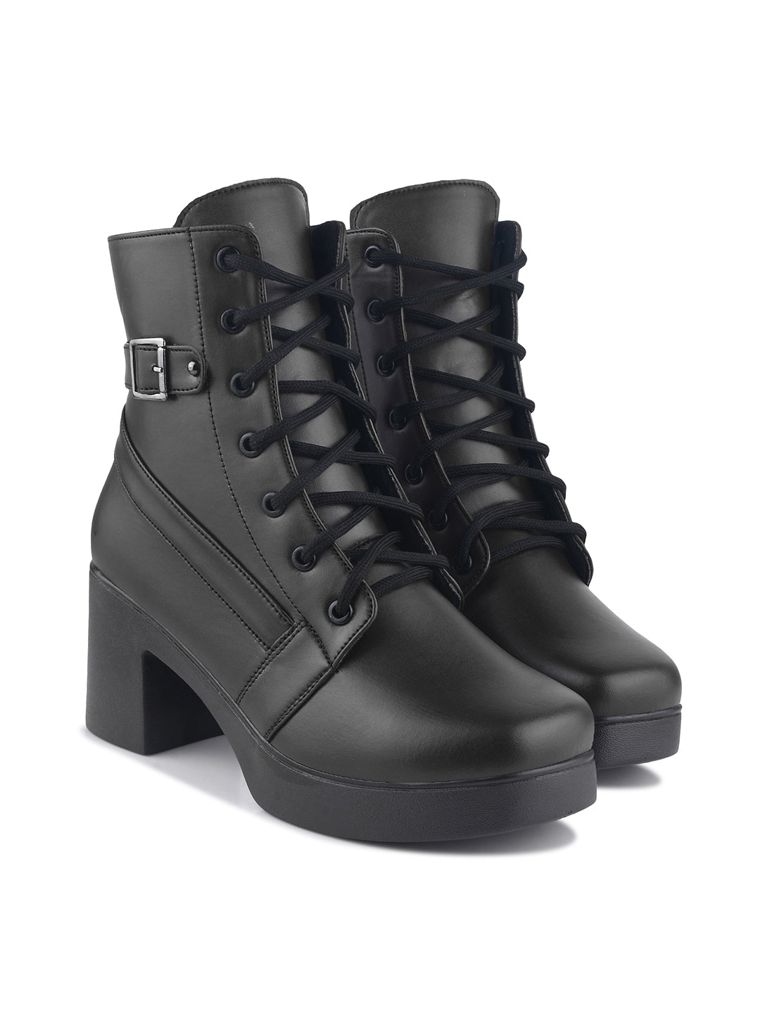 JM Looks Block Heel Ankle Boots for Women with Lace-Up Buckle Design