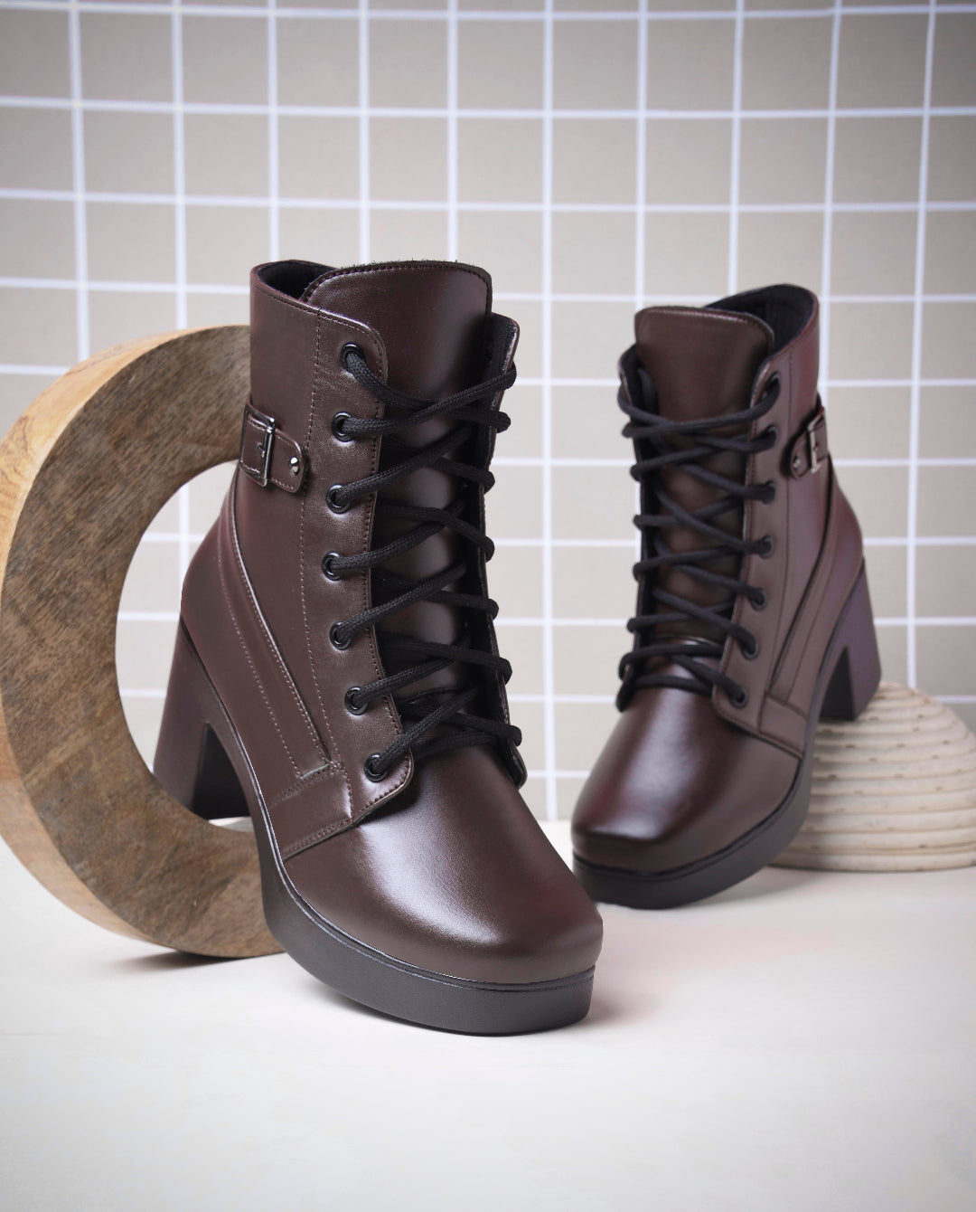 JM Looks Block Heel Ankle Boots for Women with Lace-Up Buckle Design