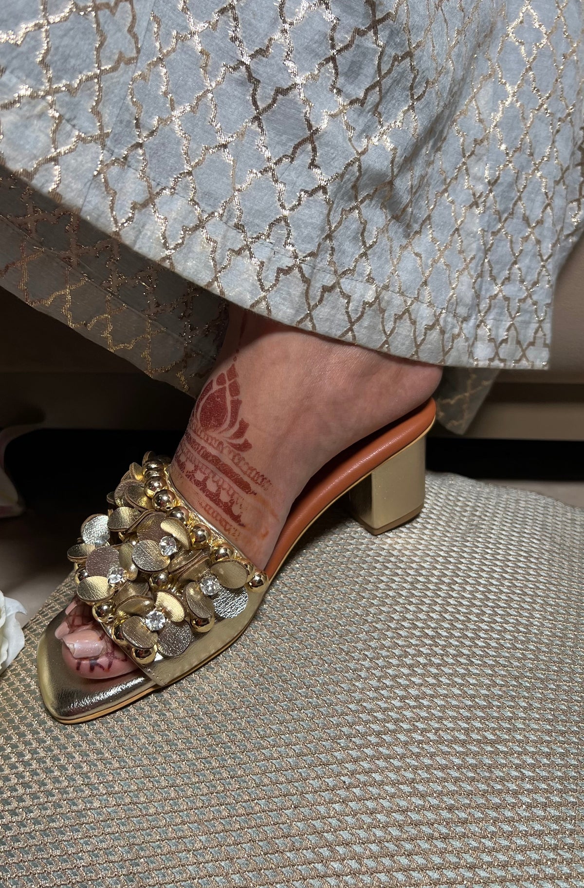 Sandal Stories Mettalic Gold Embellished 3D Flower Block Heels - 2 Inches