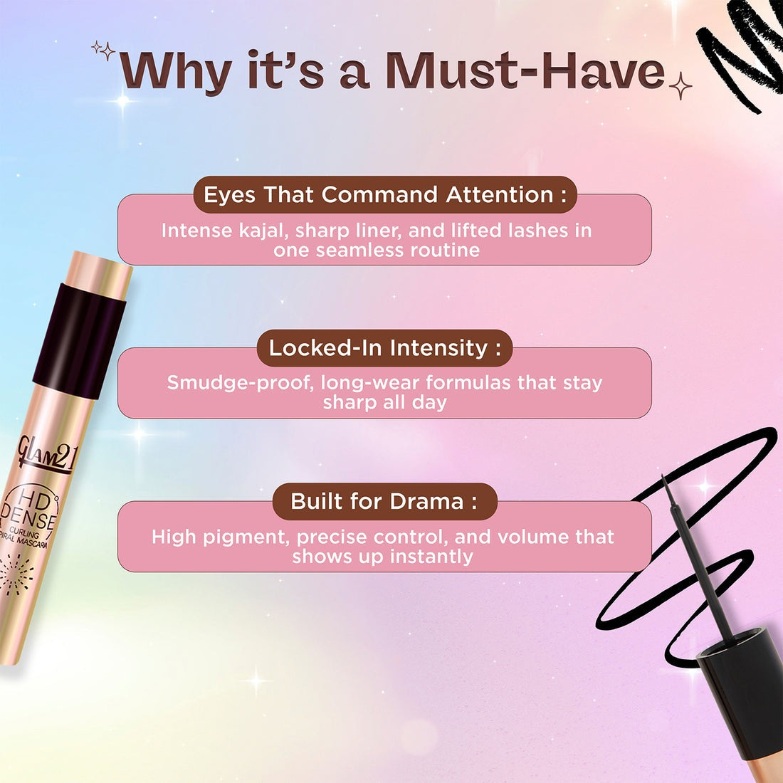 Glam21 Eye Makeup Trio (Mascara + Eyeliner + Kajal)