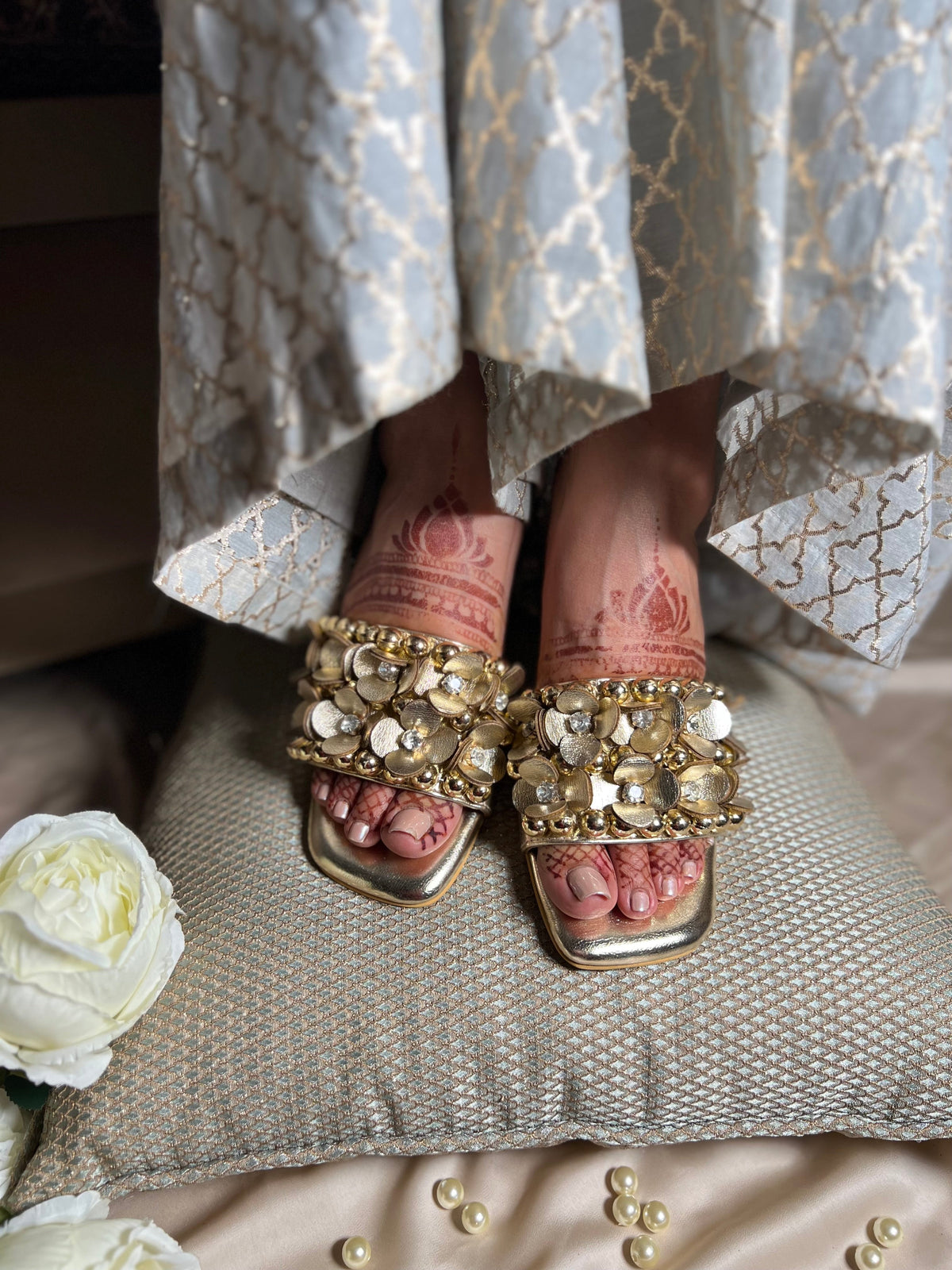 Sandal Stories Mettalic Gold Embellished 3D Flower Block Heels - 2 Inches