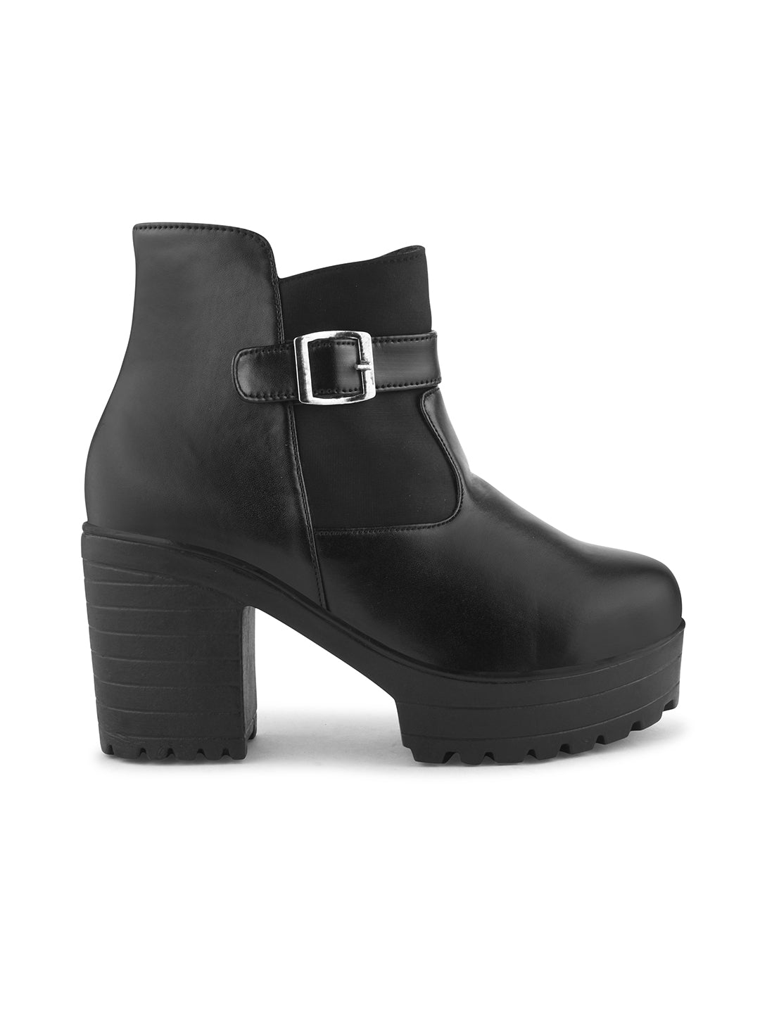 JM Looks Chunky Platform Block Heel Ankle Boots with Buckle Strap for Women - Black