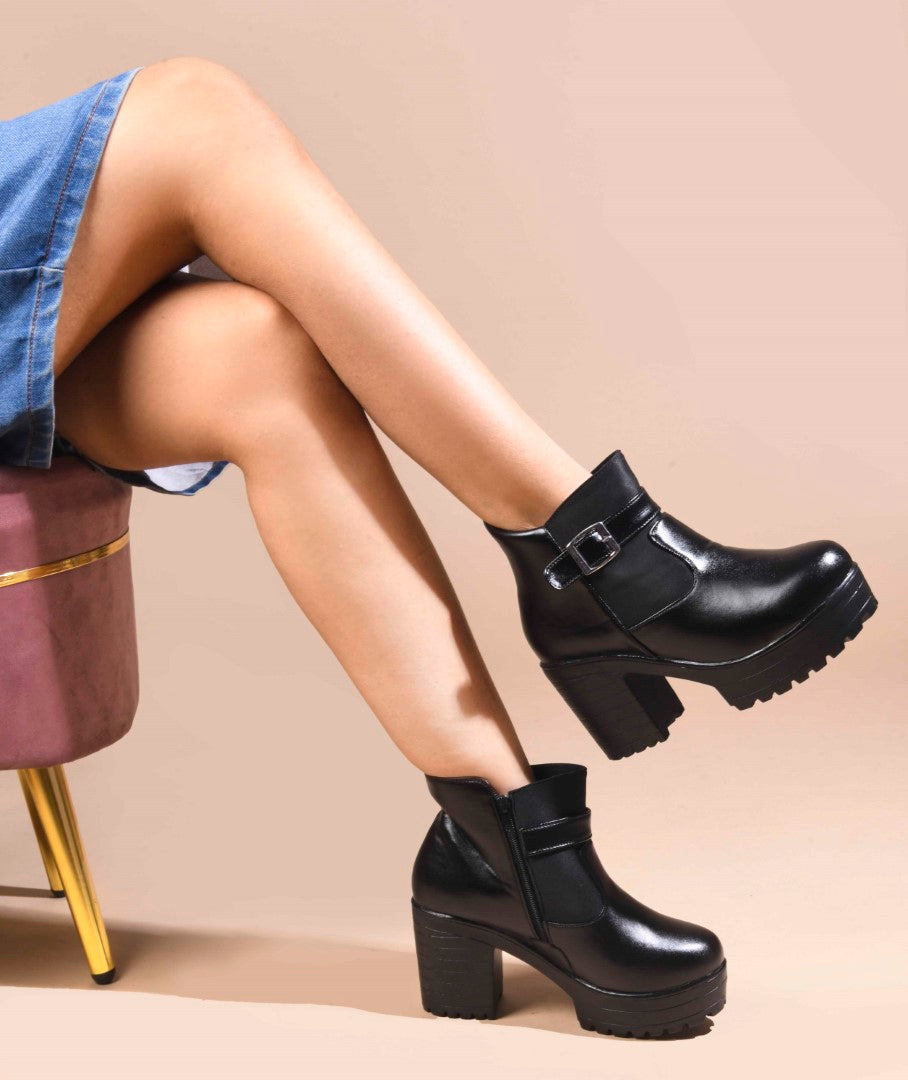 JM Looks Chunky Platform Block Heel Ankle Boots with Buckle Strap for Women - Black