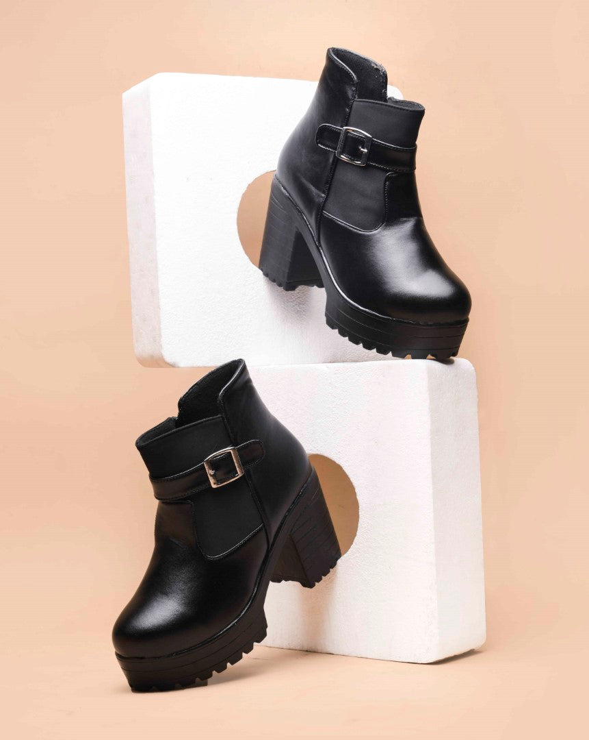 JM Looks Chunky Platform Block Heel Ankle Boots with Buckle Strap for Women - Black