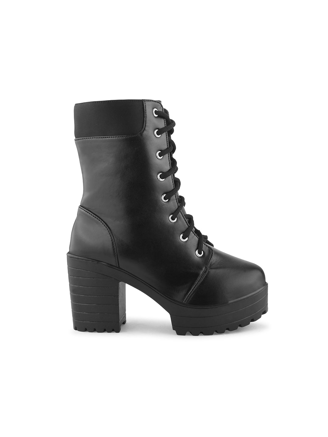 JM Looks Block Heel Ankle Boots for Women, Lace-Up Platform High Heels - Black