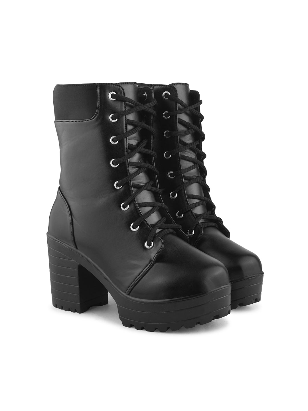 JM Looks Block Heel Ankle Boots for Women, Lace-Up Platform High Heels - Black