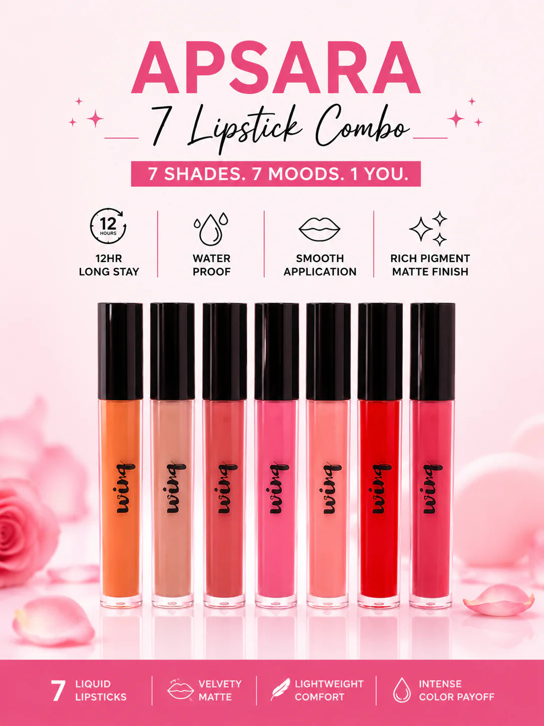 Winq Cosmetics Kriti DS x Apsara Matte Lipsticks (Pack of 7) + Mini Blender