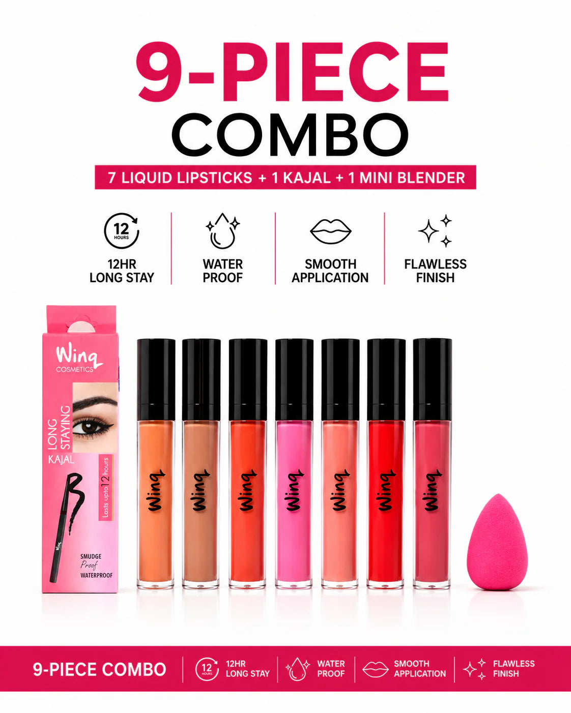 Winq Cosmetics 9 pcs Combo ₹999 (7 Matte Liquid Lipsticks + Free Gifts)