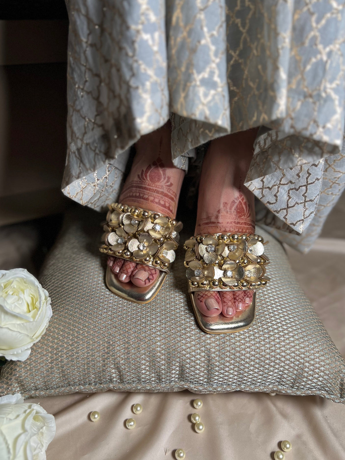 Sandal Stories Mettalic Gold Embellished 3D Flower Block Heels - 2 Inches