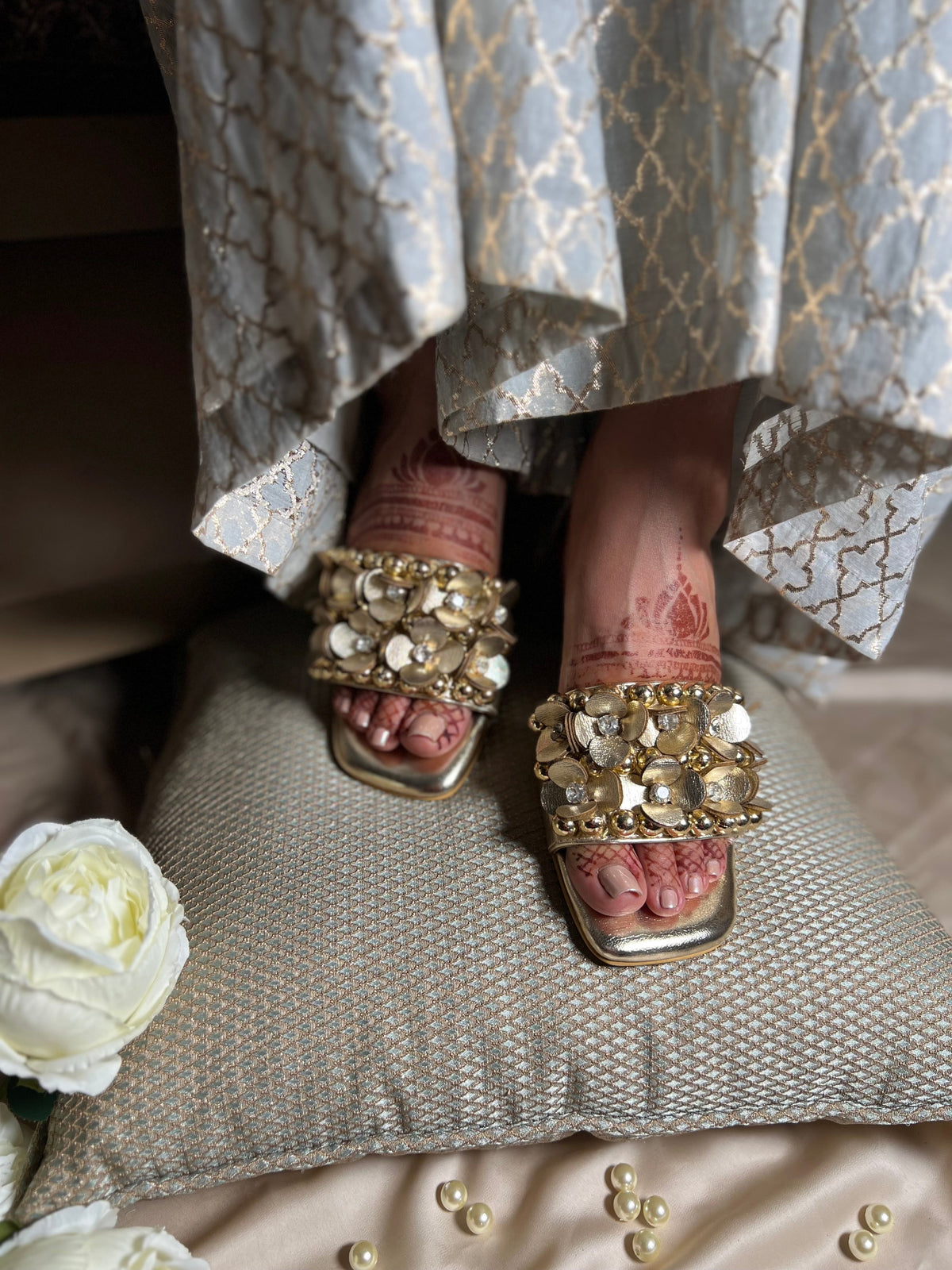 Sandal Stories Mettalic Gold Embellished 3D Flower Block Heels - 2 Inches