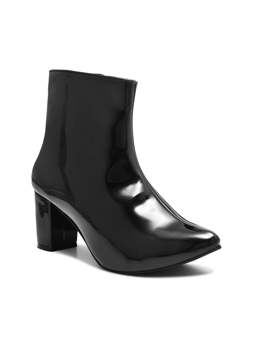JM Looks Women Glossy Patent Block Heel Ankle Boots with Side Zip