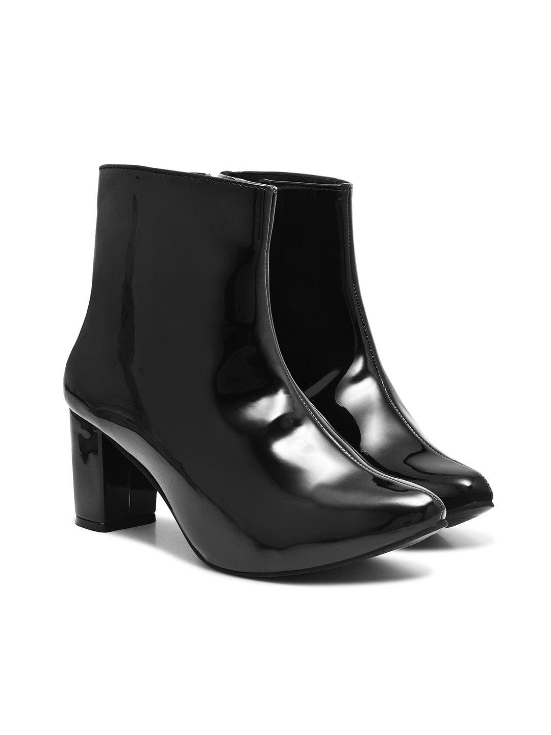 JM Looks Women Glossy Patent Block Heel Ankle Boots with Side Zip