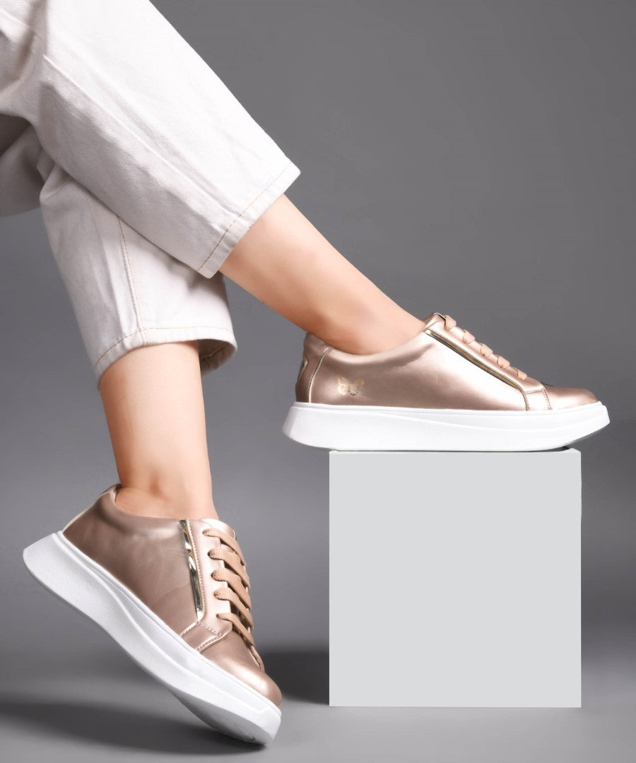 JM Looks Metallic Sneakers for Women | Lace-Up Chunky Sole