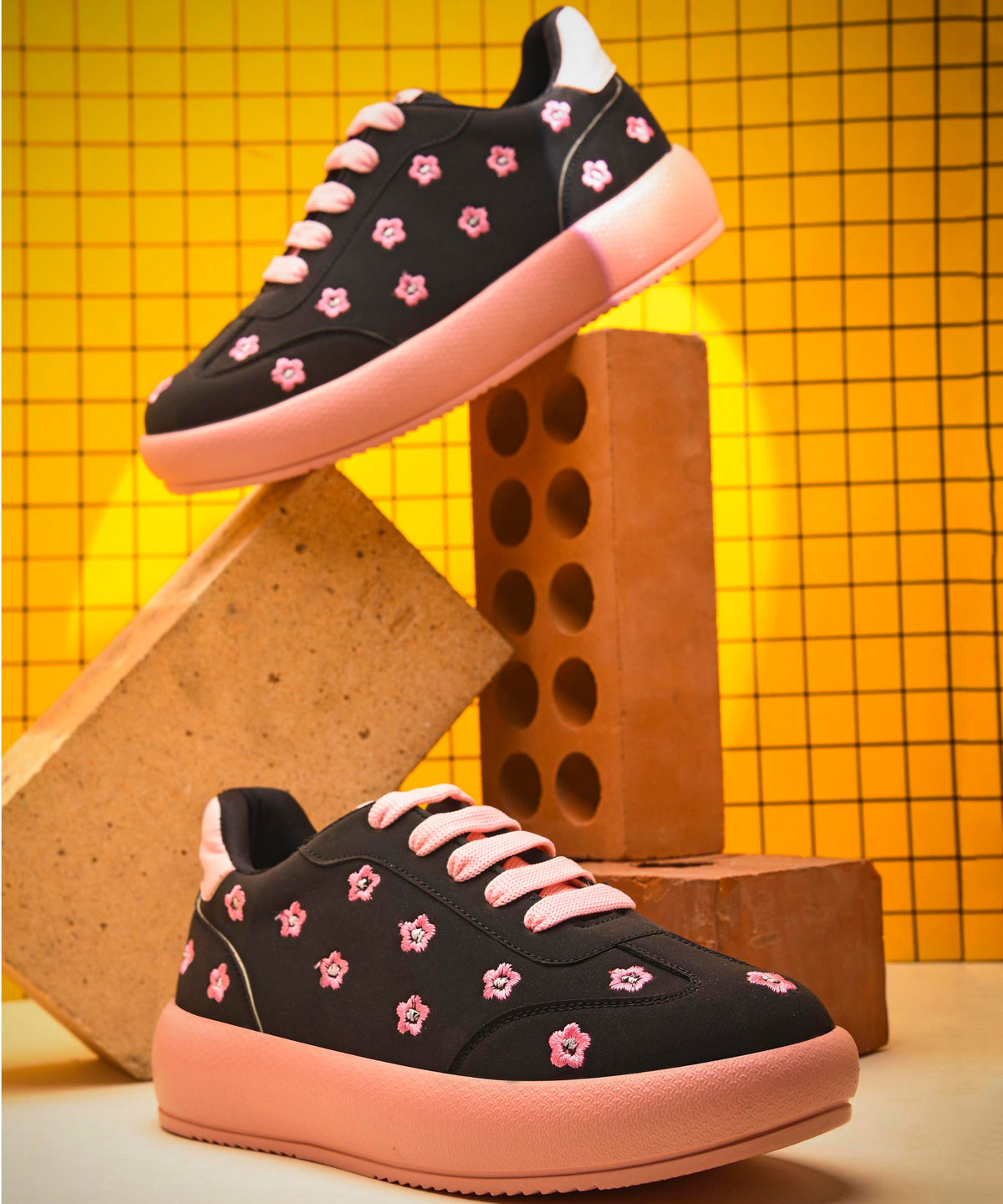 JM Looks Suede Flower Printed Low-Top Sneakers