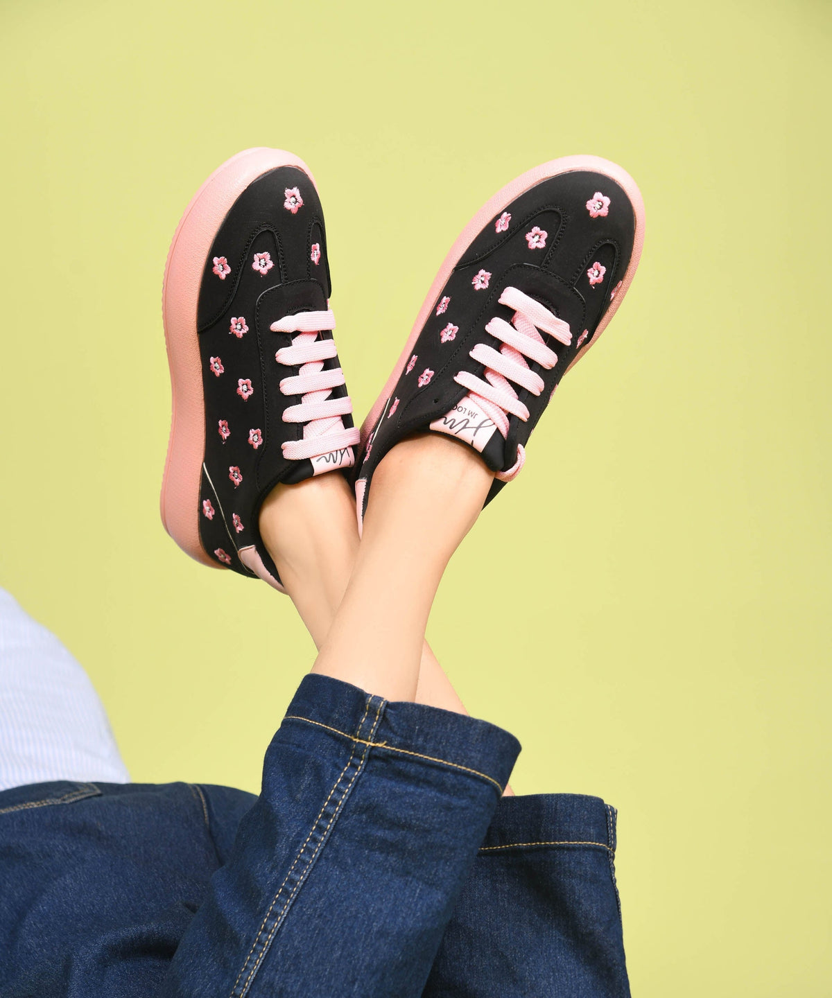 JM Looks Suede Flower Printed Low-Top Sneakers