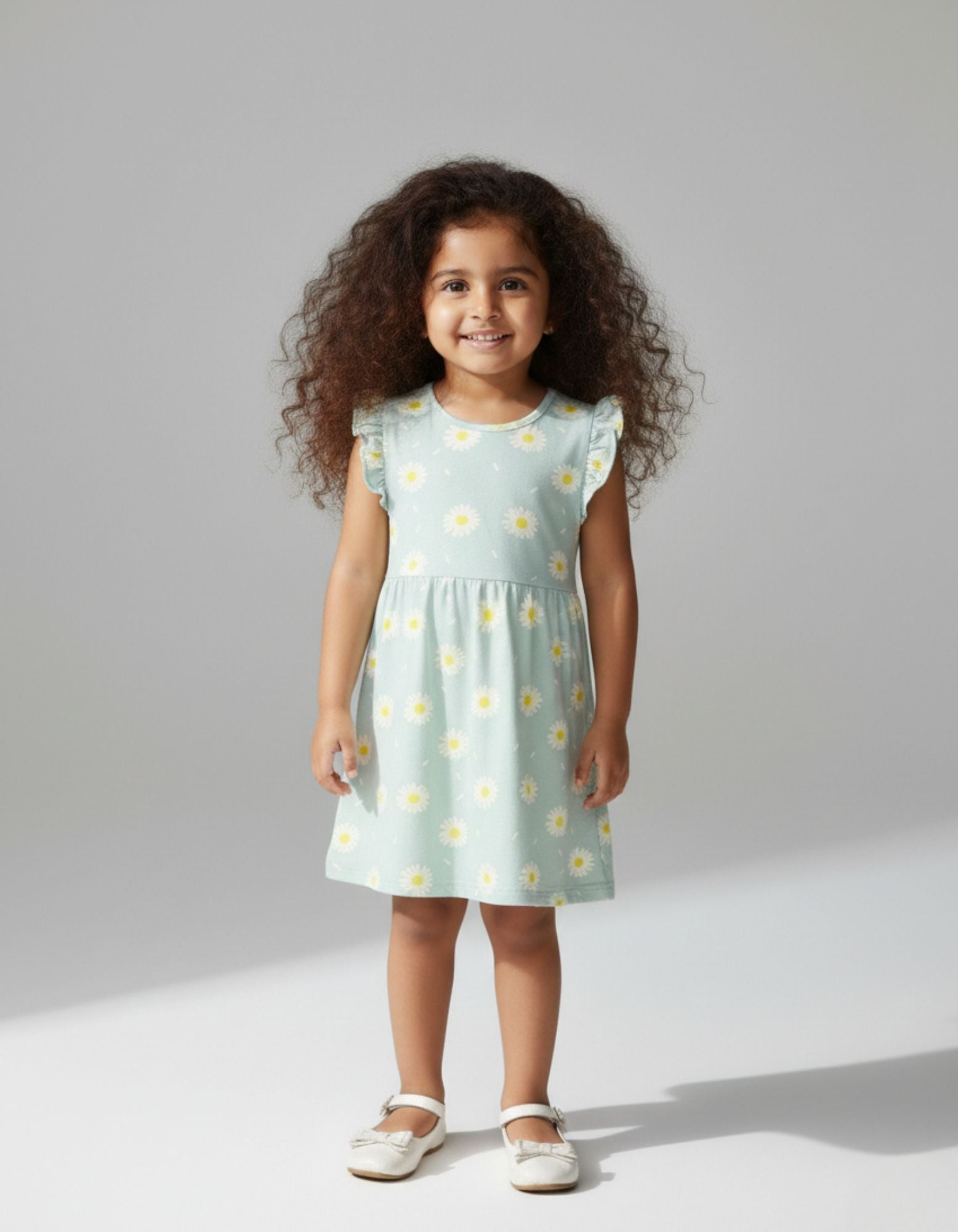 Urbanrac Pastel Aqua Green Floral With Frill Sleeves Cotton Dress for Little Girls