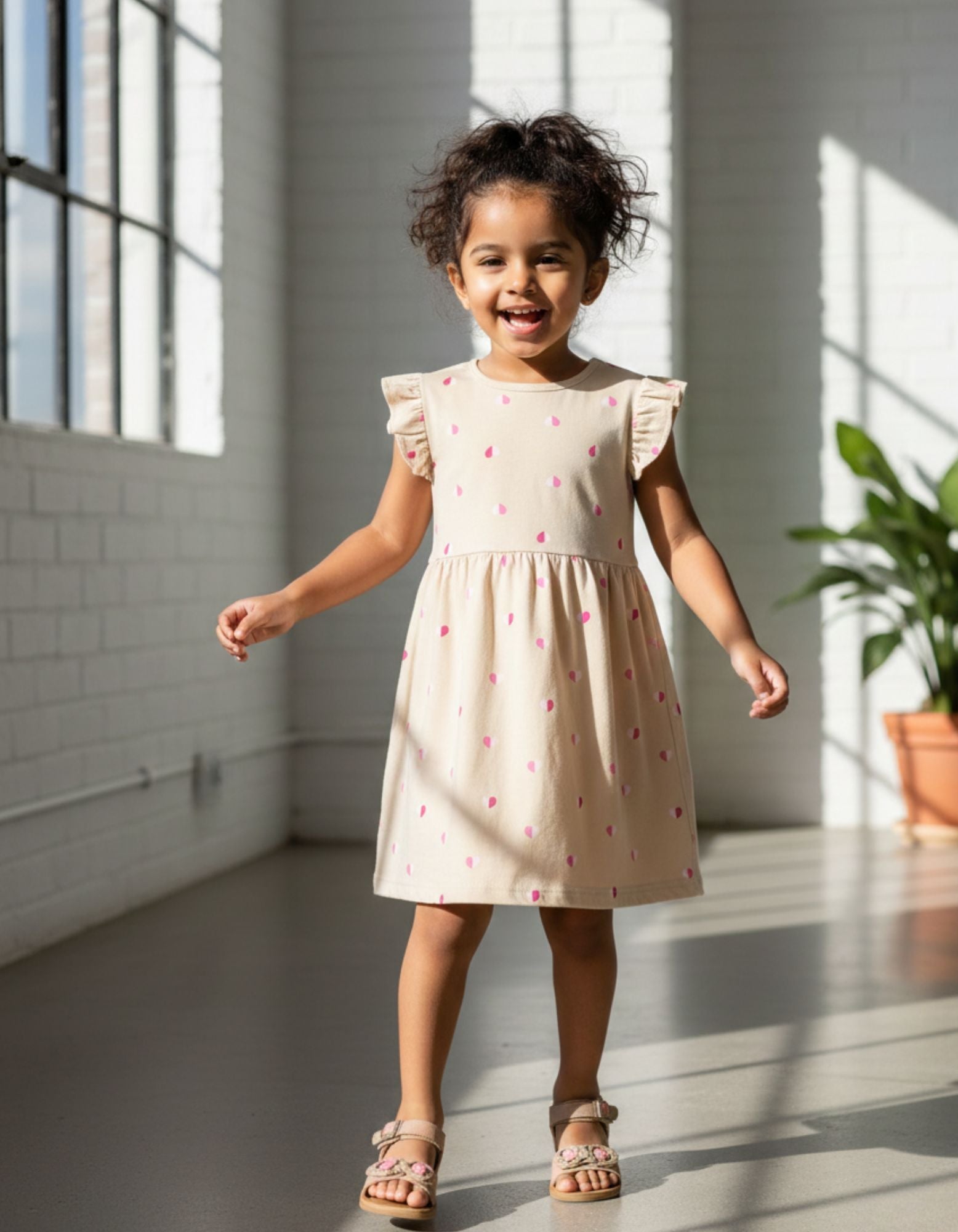 Urbanrac Beige Frill Sleeves Cotton Dress for Little Girls