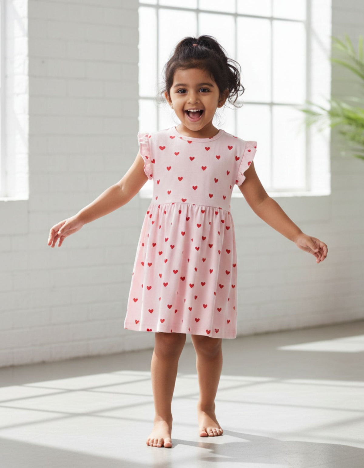 Urbanrac Pink Red Hearts Print Frill Sleeves Cotton Dress for Little Girls