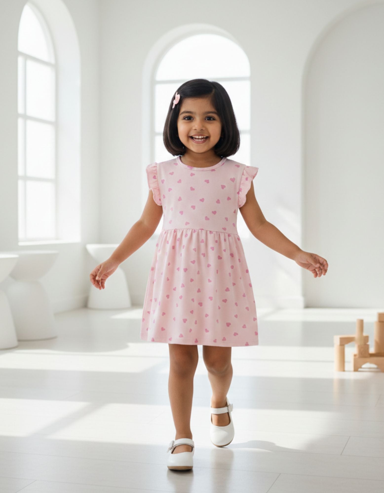 Urbanrac Pink Hearts Print Frill Sleeves Cotton Dress for Little Girls