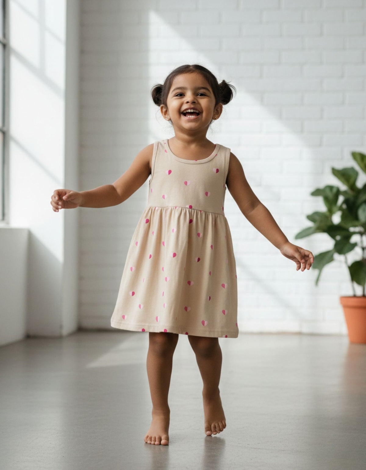 Urbanrac Beige Heart Print Sleeveless Cotton Dress for Little Girls
