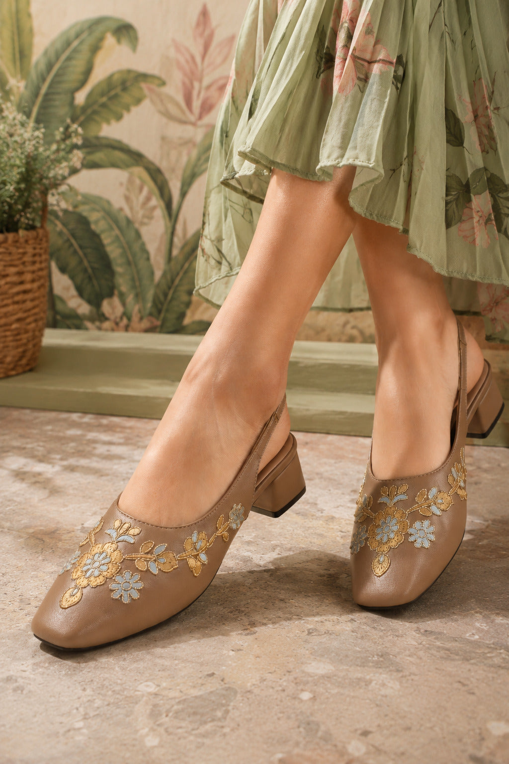 Sandal Stories Mocha Meadow Floral Embroidered Slingback Heels