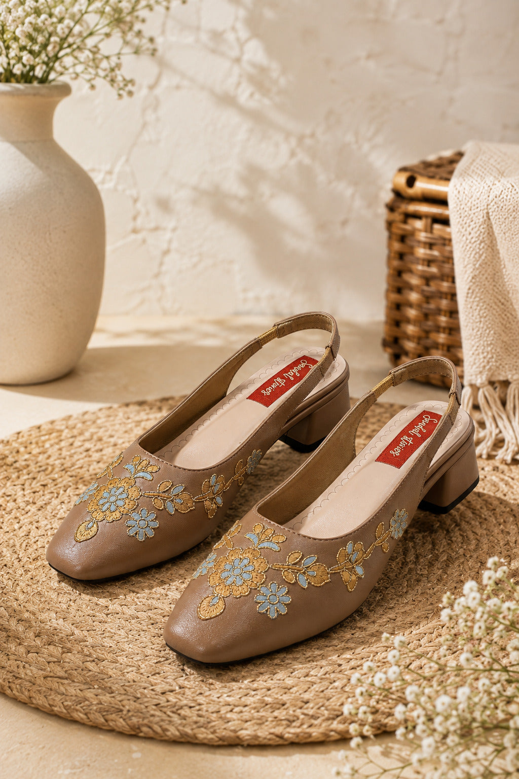 Sandal Stories Mocha Meadow Floral Embroidered Slingback Heels