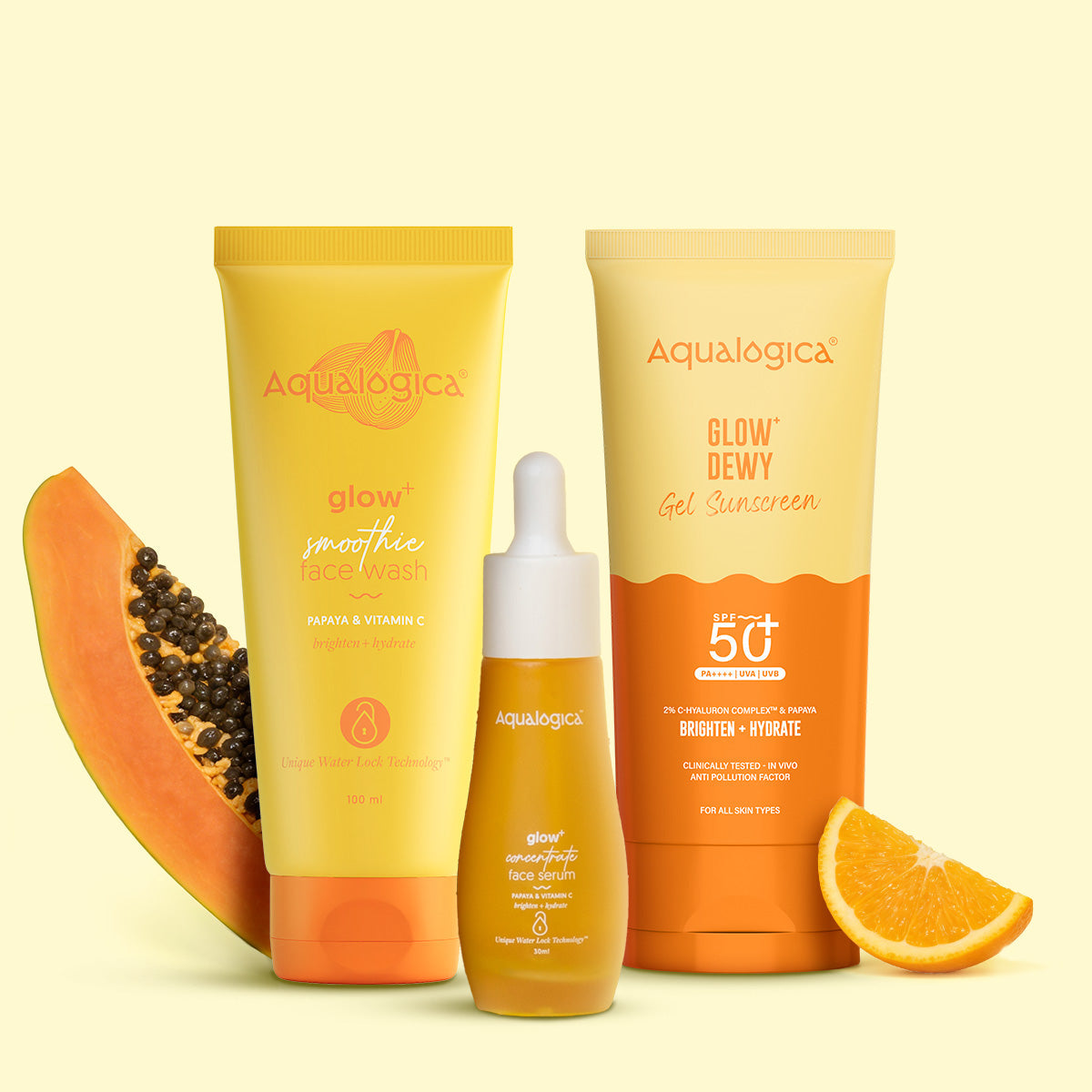 Aqualogica Daily Glow+ Combo (Glow+ Smoothie Face Wash + Glow+ Concentrate Face Serum + Glow+ Dewy Sunscreen)