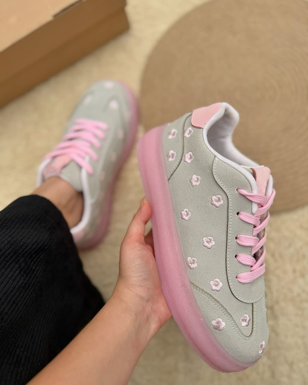 JM Looks Suede Flower Printed Low-Top Sneakers