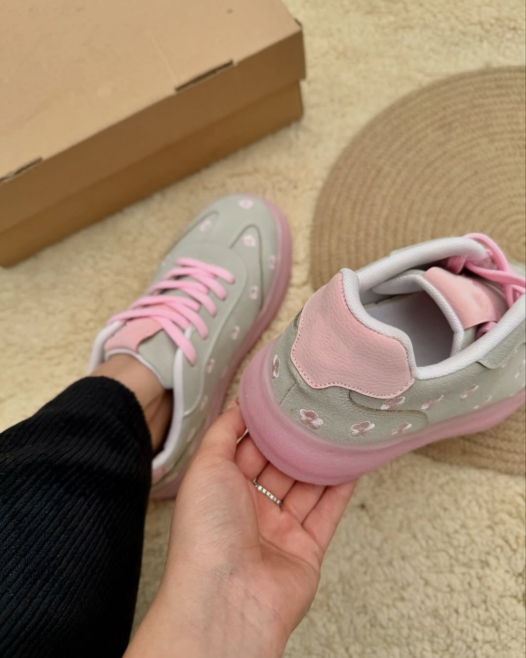 JM Looks Suede Flower Printed Low-Top Sneakers