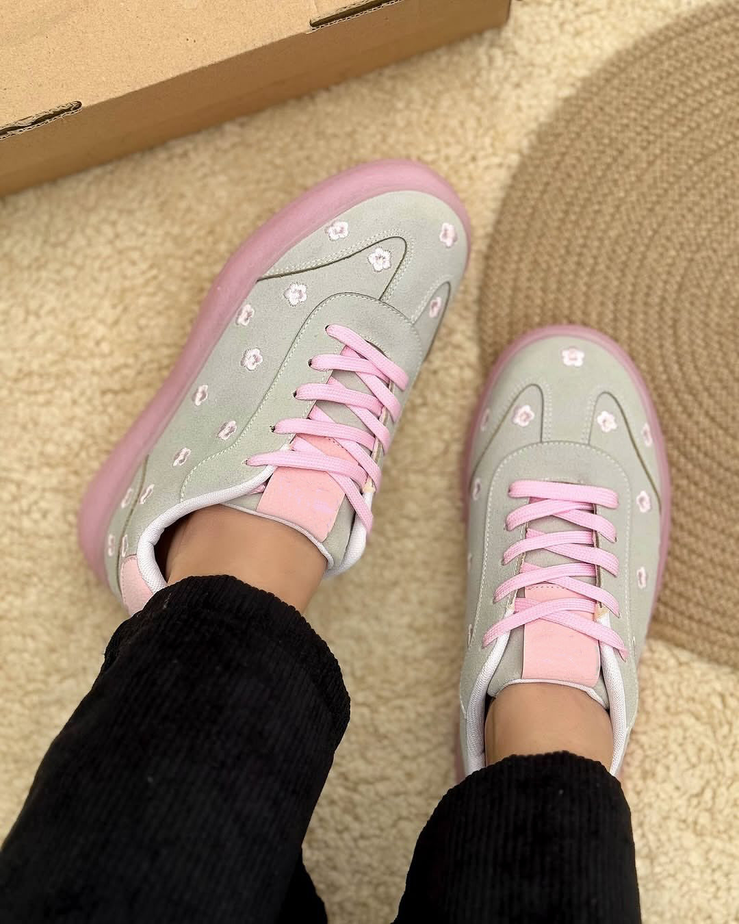 JM Looks Suede Flower Printed Low-Top Sneakers