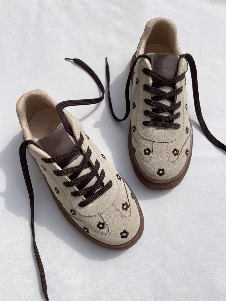 JM Looks Suede Flower Printed Low-Top Sneakers