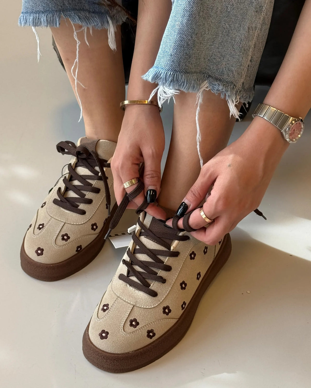JM Looks Suede Flower Printed Low-Top Sneakers