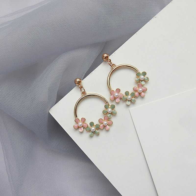 Salty Flower Pearl Pink Green Drop Hoop Stylish Earrings