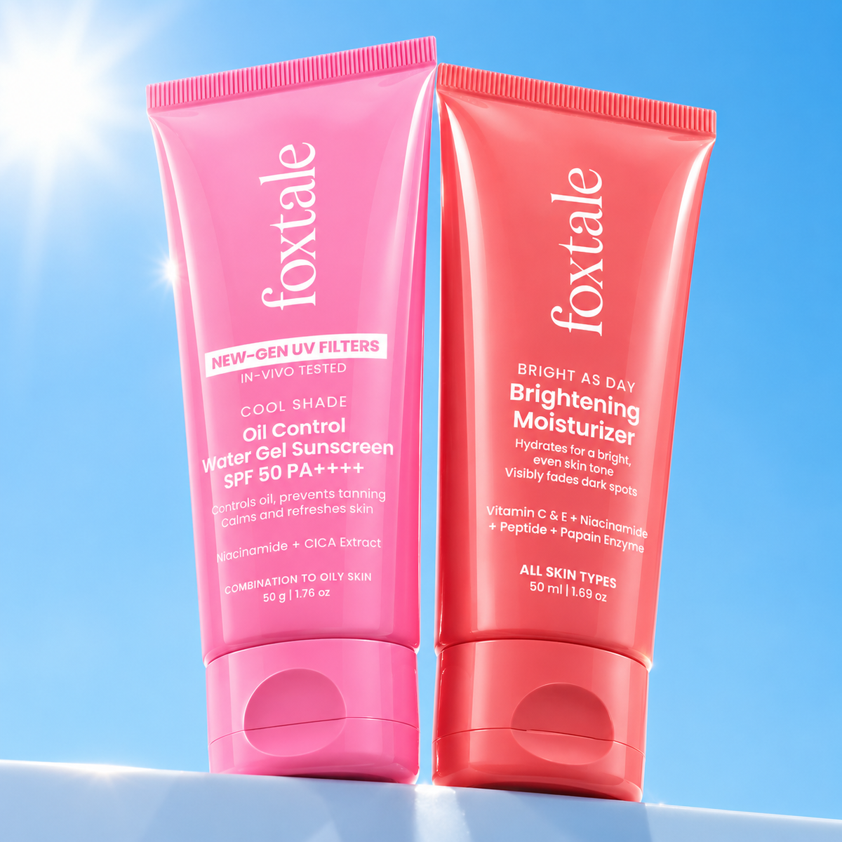 Foxtale Vitamin C & Papaya Enzyme Daily Brightening Moisturizer - 50ml + Lightweight Aqua-Gel Matte Sunscreen SPF 50 In-Vivo Tested with PA++++ 50g Combo