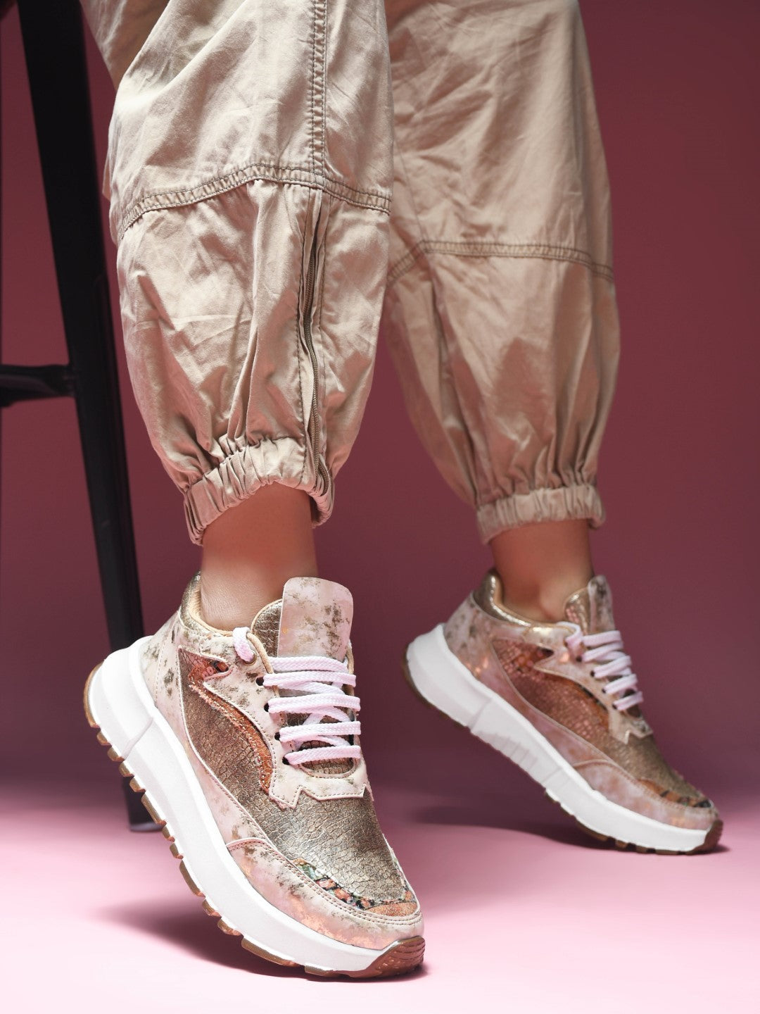 JM Looks Metallic Mesh Chunky Sneakers For Women