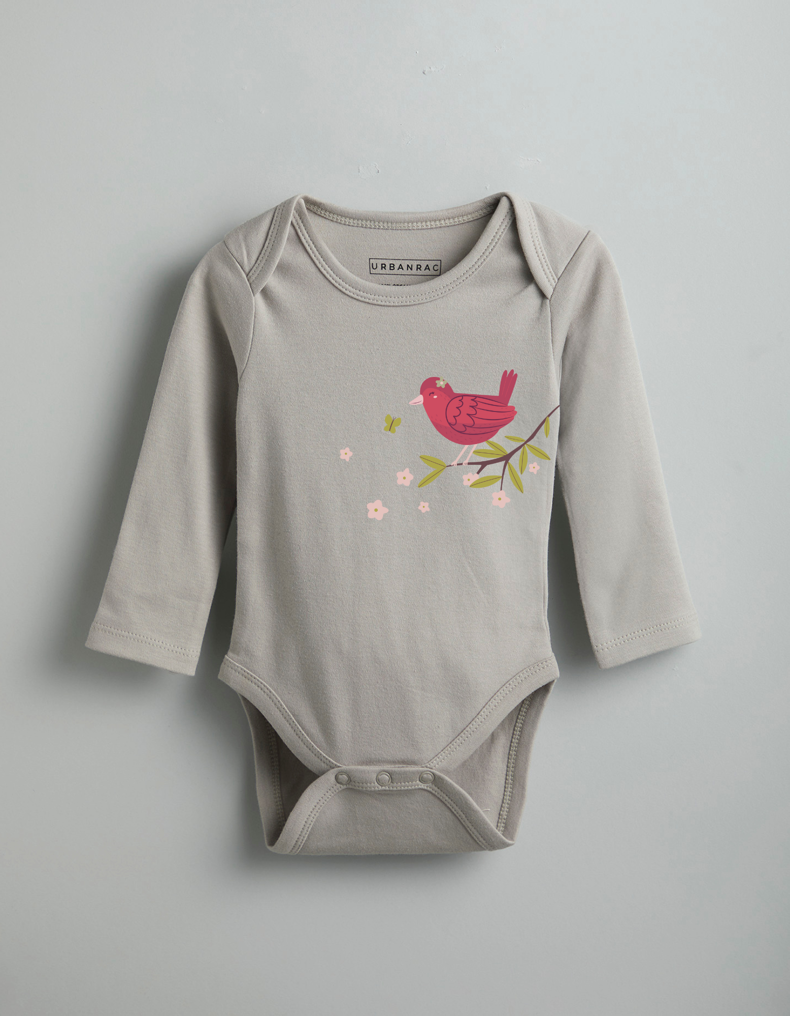 Urbanrac GOTS Certified Organic Cotton Full Sleeves Onesies - Grey Bird Print