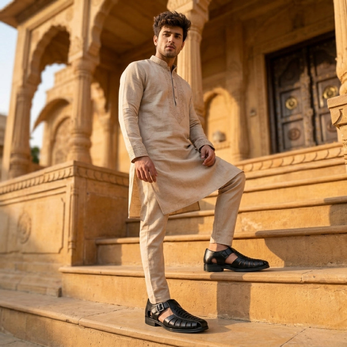 Hirolas Men's Peshawari Shoe Style Vegan Leather Roman Ethnic Sandal