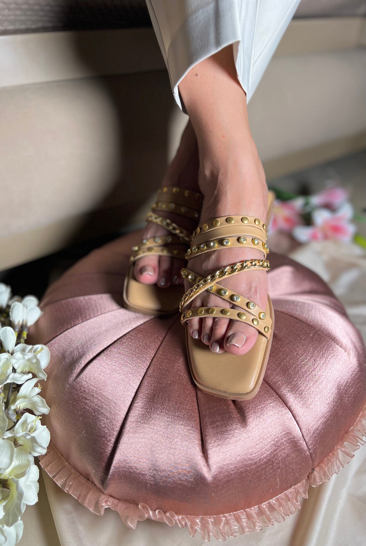 Sandal Stories Golden Studded Cross-Strap Flats