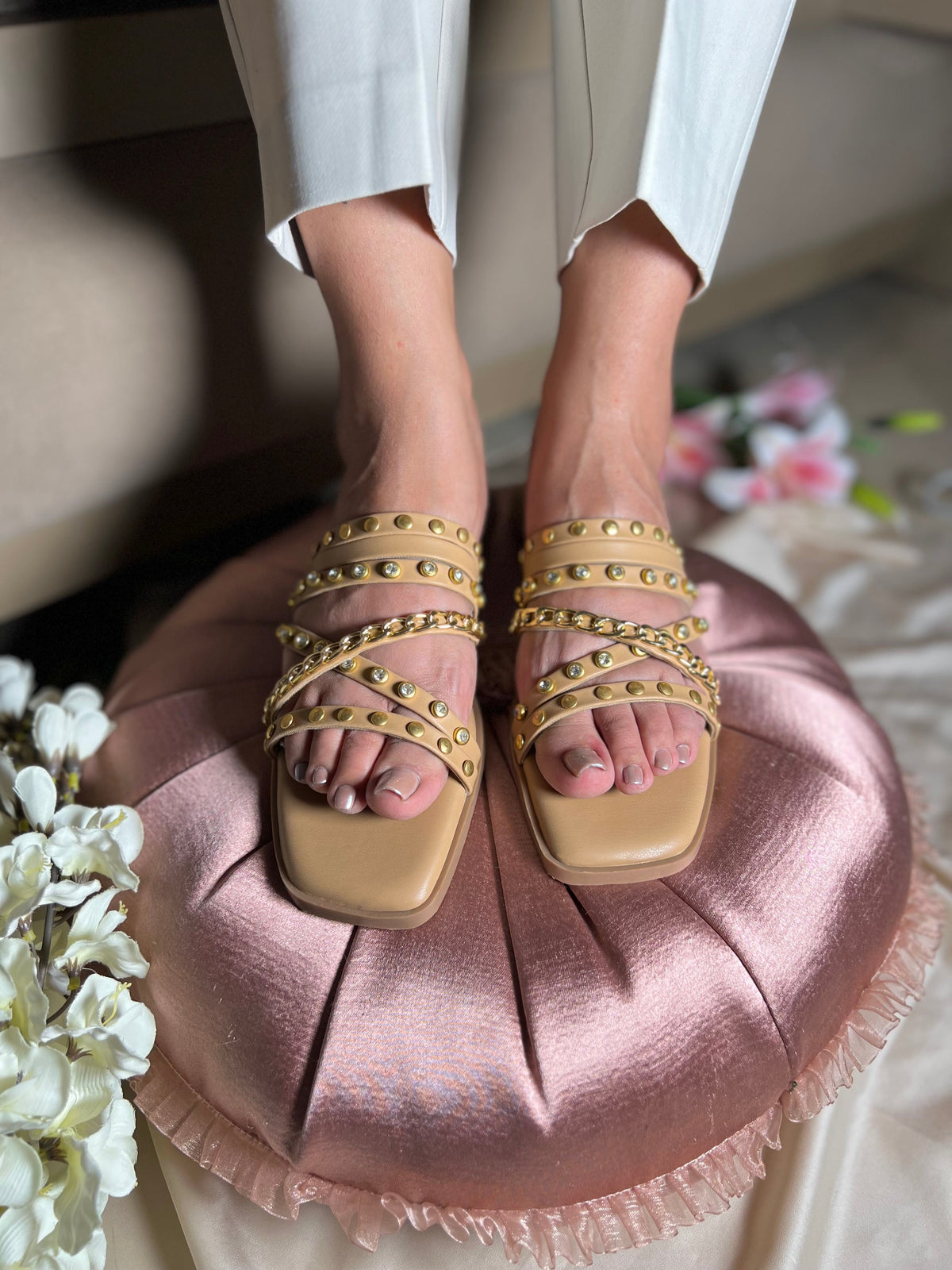 Sandal Stories Golden Studded Cross-Strap Flats