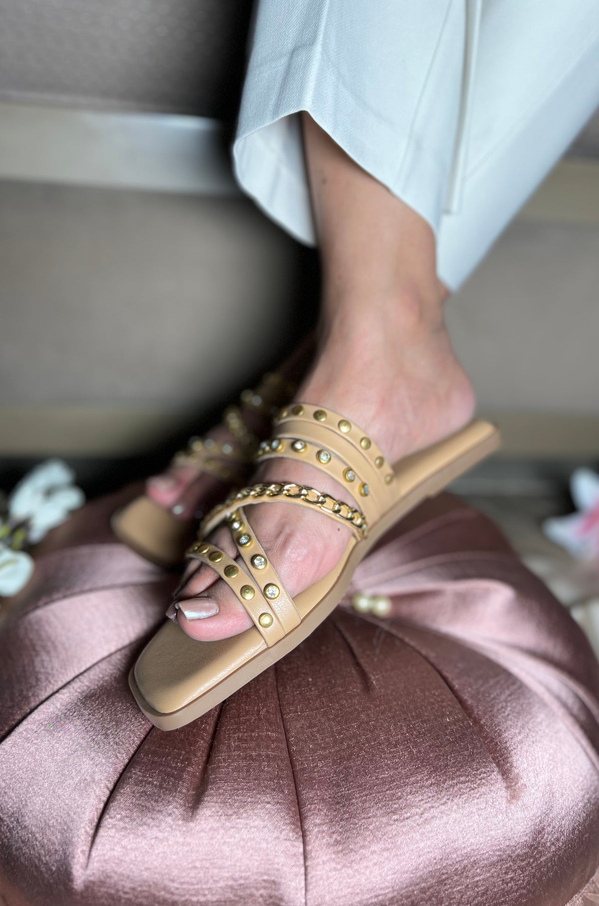 Sandal Stories Golden Studded Cross-Strap Flats