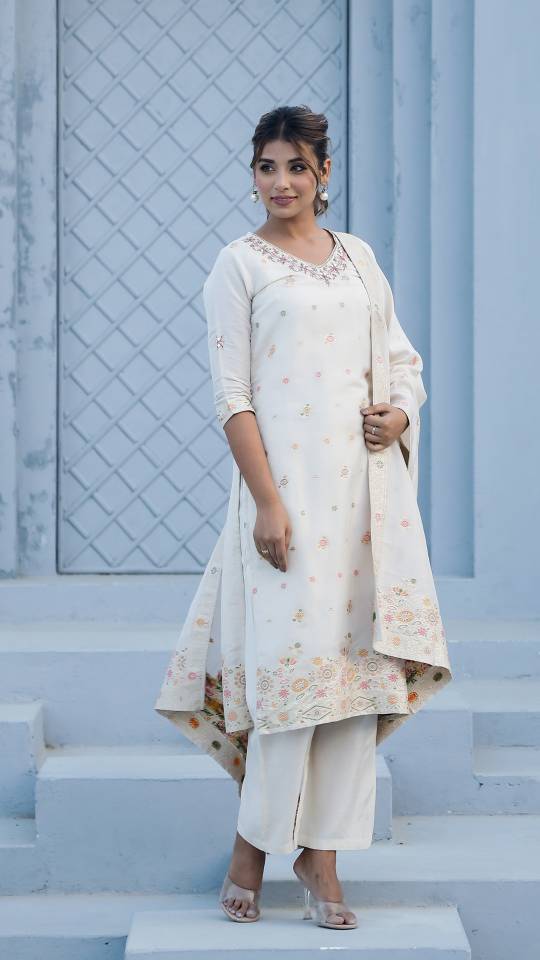 Label Flavia Cotton Jacquard Kurta Pant Dupatta Set for Women – Intricate Ada Work
